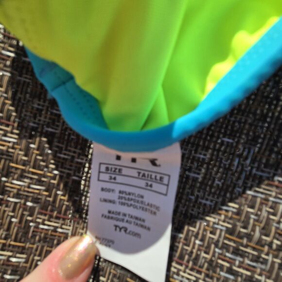 TYR Women's Neon Yellow/blue Splice Diamondfit Swimsuit Grab Bag Suit Sz 34 NEW - Picture 4 of 4